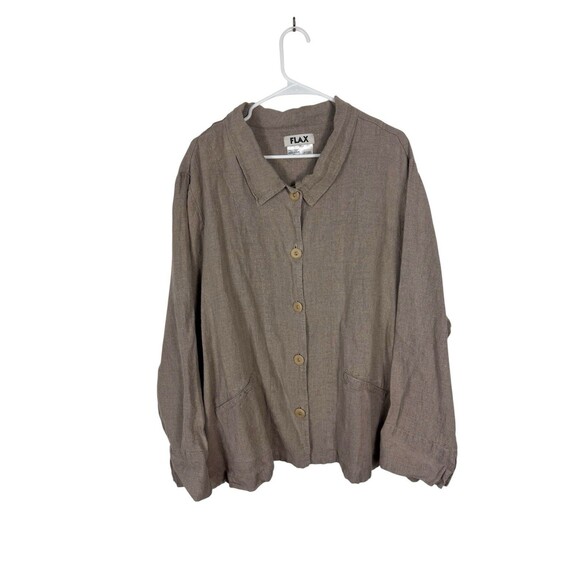 FLAX 100% Linen Beige Jacket NWT SZ 2G Collared Long Sleeve - Picture 1 of 11